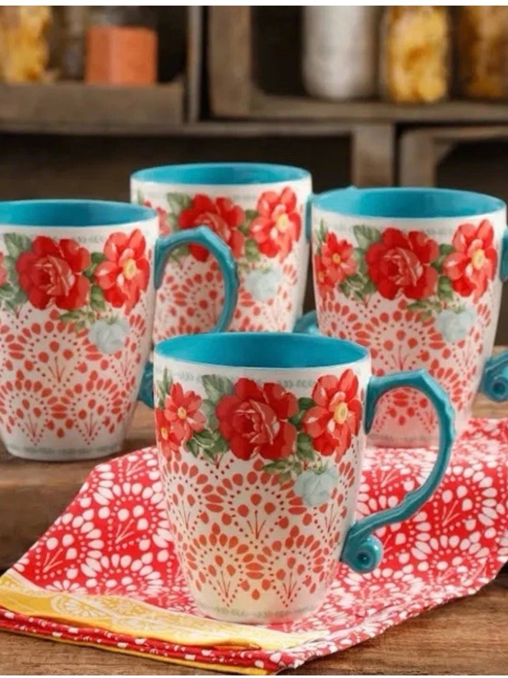 The Pioneer Woman Vintage Floral Mugs with Teal Interior - Set of 4